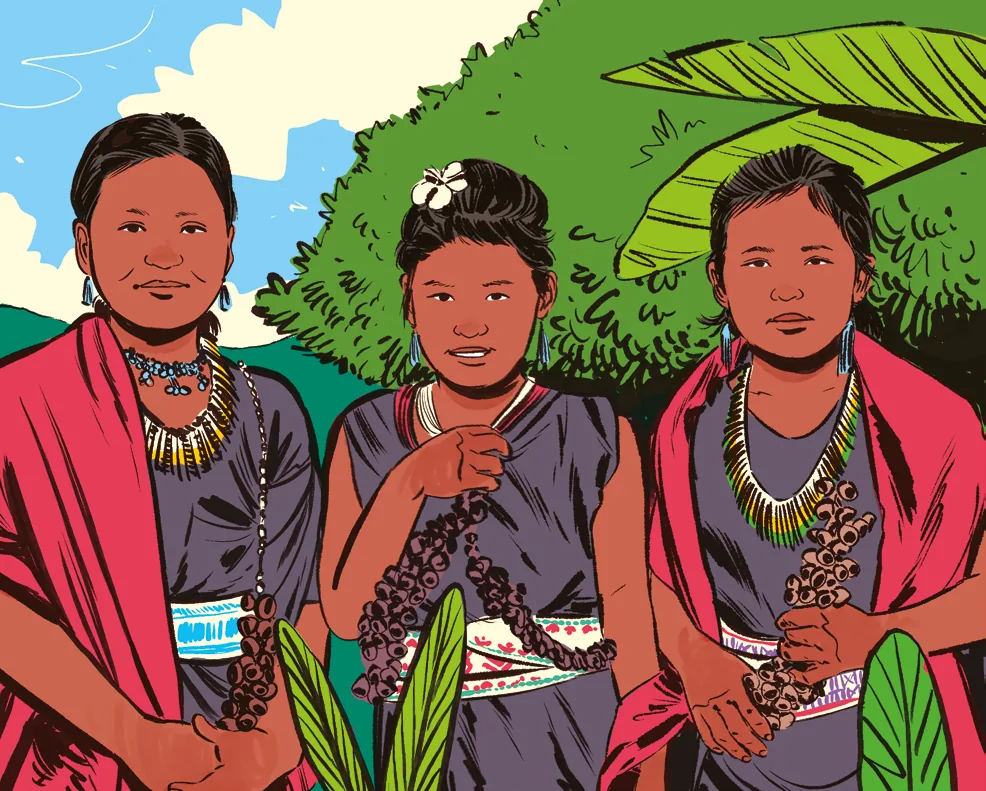 Ilustración: mujeres Inga tejiendo el chumbe