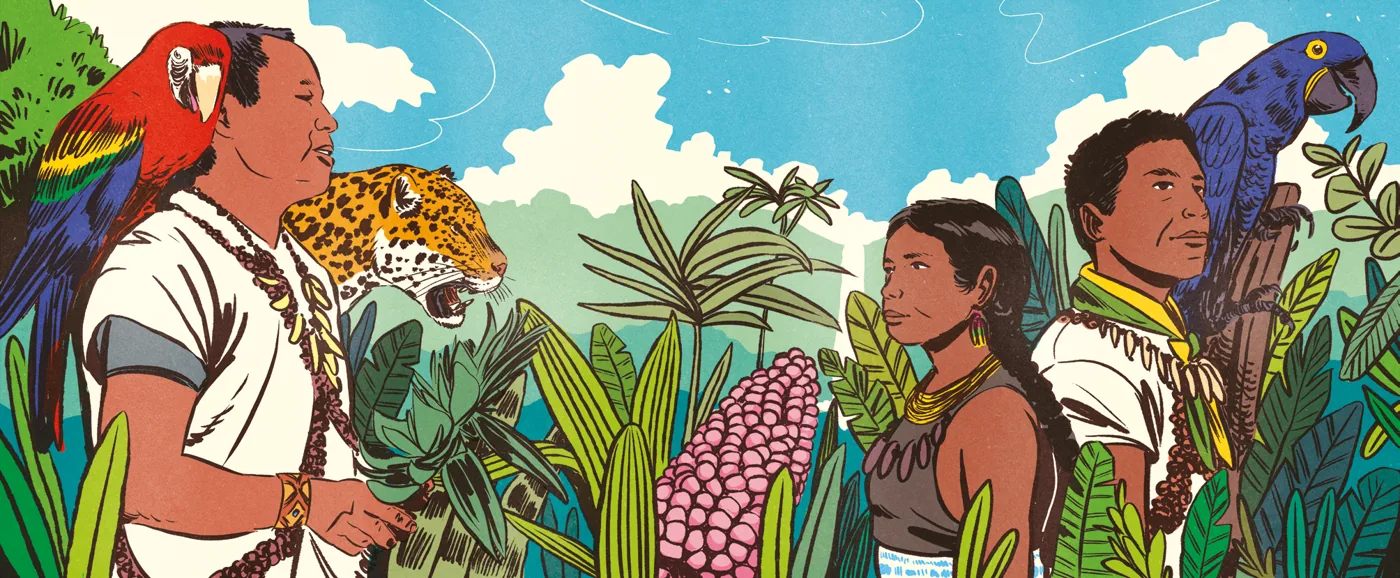 Ilustración: autoridades del Pueblo Inga en la selva del Putumayo, con guacamayas y jaguar