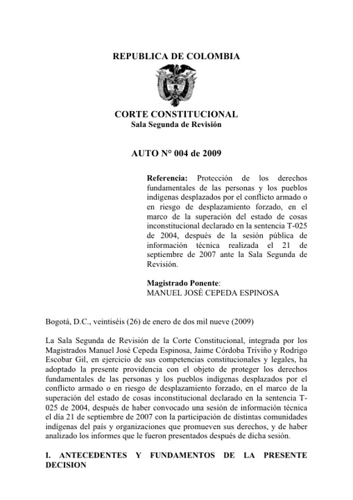 Portada: Auto 004 de 2009: protección de los derechos fundamentales de las personas y los Pueblos Indígenas desplazados por el conflicto armado o en riesgo de desplazamiento forzado (sentencia T-025 de 2004)