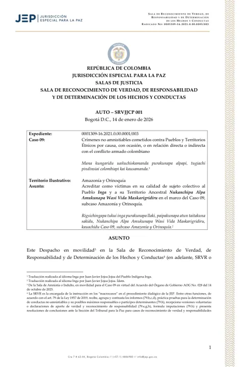 Portada: Auto SRVJJCP-001 de 2026: acreditación del Pueblo Inga en el Caso 09
