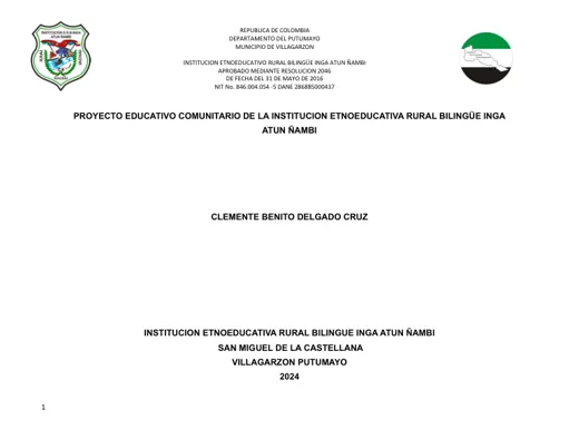 Portada: Proyecto Educativo Comunitario de la Institución Etnoeducativa Rural Bilingüe Inga Atun Ñambi
