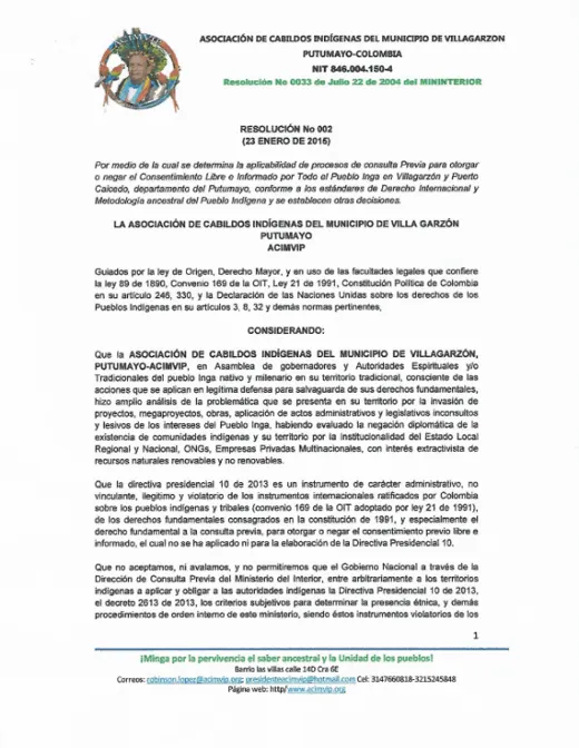 Portada: Resolución 002 de 2015: aplicabilidad de la consulta previa, libre e informada