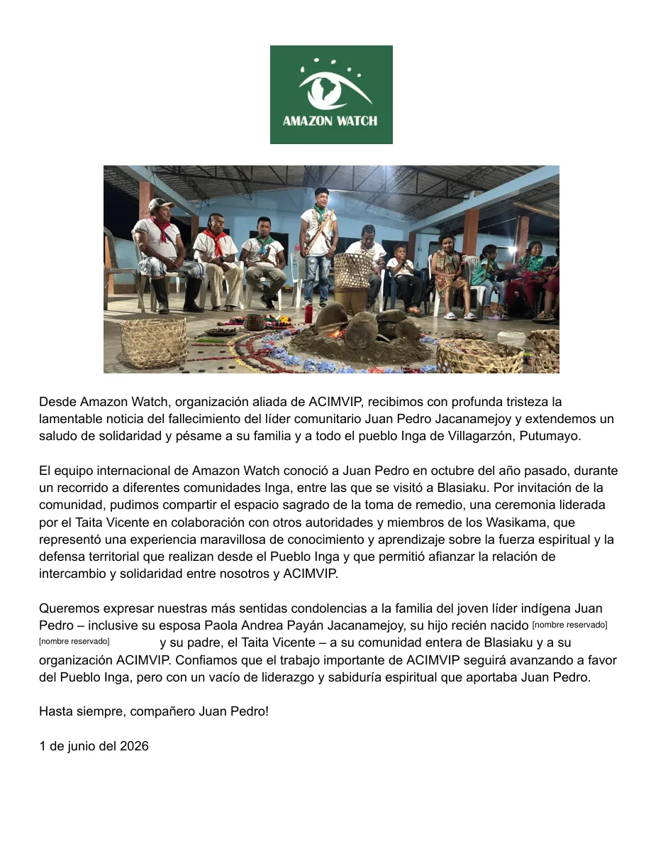 Carta de condolencia de Amazon Watch por Juan Pedro Jacanamejoy